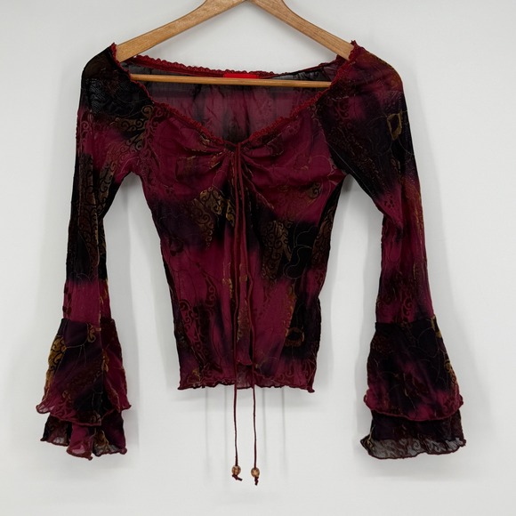 None Tops - Y2K Burgundy Sheer Mesh Off Shoulder Corset Top Ruffle Bell Sleeve Floral Tie